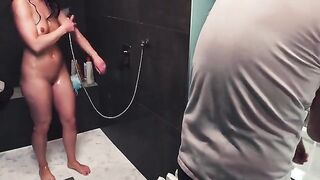 She ruined his orgasm while giving him a handjob in the shower