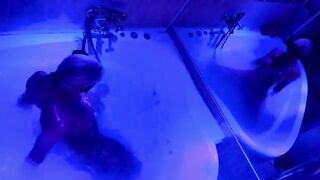 A blonde plays with sex toys in the bathroom and calls for a big dick