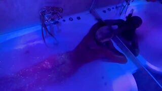 A blonde plays with sex toys in the bathroom and calls for a big dick