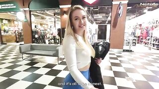 A hot blonde with a big ass is fucking in the shopping mall toilet for cash
