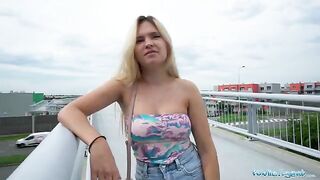 Public Agent Irina Cage flashes her boobs for cash on a bridge