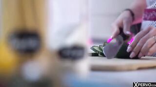 Femdom sex with a hot girl in the kitchen, inspired by Little Caprice’s fiery charm