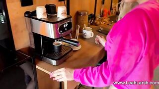 A hot blondie with a tattoo surprises her partner for coffee in the morning