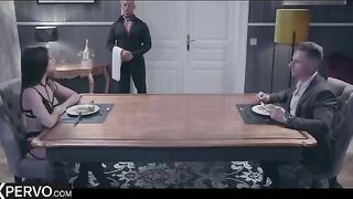 Swinger couple enjoy a dinner with special guest Clea Gaultier, the main course