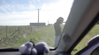 Petite teen sucks and swallows a big cock on a road trip adventure