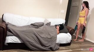 Horny wife gets fucked on the couch by her husband’s friend, sharing the load