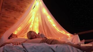 A couple has a romantic sex on the nature, with long foreplay and simultaneous orgasm