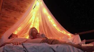 A couple has a romantic sex on the nature, with long foreplay and simultaneous orgasm