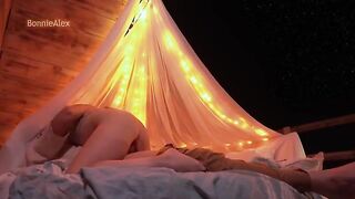 A couple has a romantic sex on the nature, with long foreplay and simultaneous orgasm