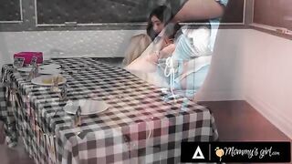 A hot MILF is getting intimate with her stepdaughter during a college bake sale for more money