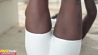 Black yoga instructor with big tits squirts on her client’s dick