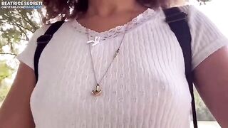 Public masturbation and hard orgasm with a stranger watching the girl