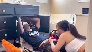The Asian babe got banged by a repairman after sucking his cock