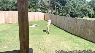 A blonde is getting naked in the backyard and has sex on the porch
