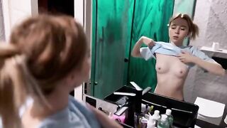 The girl made a surprise for her boyfriend and met him in the bathroom