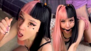 Emo girl with a hot look, gave deepthroat blowjob and was fucked with a gag in her mouth