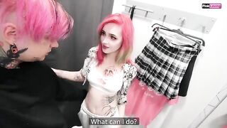 The girl was fucked in the dressing room of a consultant. Pussy rubbing