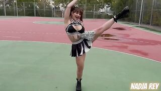The cheerleader is so naughty that she fucks on the street and swallows the semen