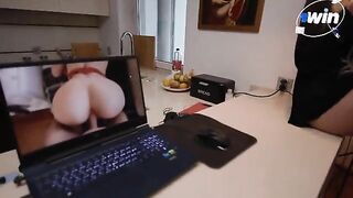 The blonde is very sexy and she fixes your laptop with her delicate touch