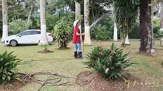 Two horny friends fuck the gardener with Mariana Martix