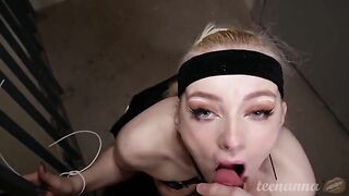 A blonde girl with blue eyes was fucked in the mouth