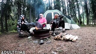 POV of two hot poly wives taking turns to suck and fuck dick in the wilderness