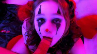 A kinky clown gets his cock sucked and facial by a slutty one