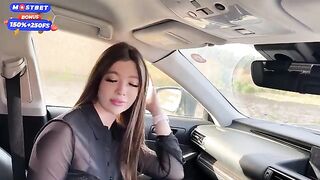 A risky girl got attached to the car and started to actively lick the cock