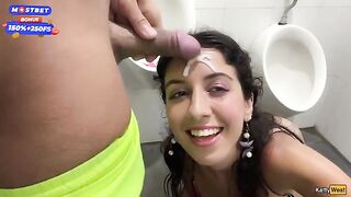 Blowjob in public toilet and cumwalk on the waterfall