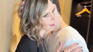 A woman in a sexy dress was fucked by two cocks and received a cumshot