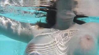 Babe plays with a dildo in the pool and masturbates it passionately