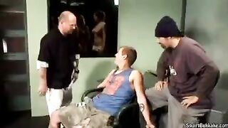 A rough group sex session with a hot Bukakke cum in mouth finish