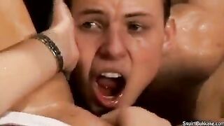 A rough group sex session with a hot Bukakke cum in mouth finish