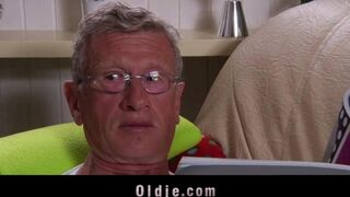 A hot blonde is getting fucked by an old man