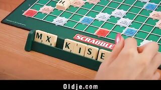 The blonde girl seduced and fucked the old peasant on the table