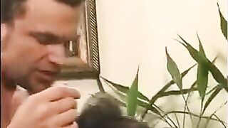 A 40-year-old man playing a joke, touching the girl's tits