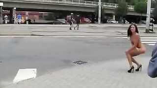 A wonderful brunette with a majestic body was exposed in public for all to see