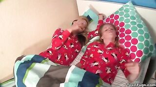 Two sisters learn to milk a guy’s cock with their hands