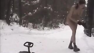 Barefoot beauties are throwing snowballs at each other in the winter on the street