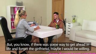 Blonde woman fucks at the casting in pantyhose on the couch