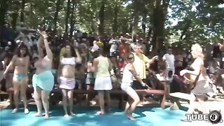A young girl is having fun in the forest with someone