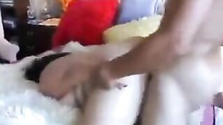 Man fucks thick Asian ass and big tits on the bed