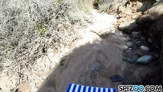 A girl with big natural boobs has sex with a guy outdoors