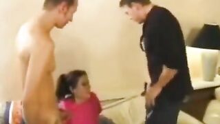 A young nanny gets corrupted and fucks with two guys