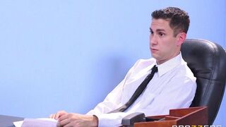 Two girls fucked by a man at an interview, an intense FFM threesome