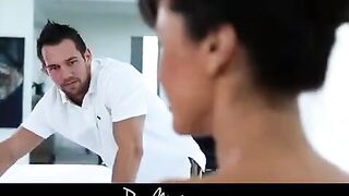 A sexy girl rubs oil on her boobs and has sex
