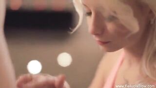 A sexy blonde makes a stunning blowjob in the studio, showcasing her skills