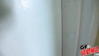 A beautiful woman had a quickie in the bathroom, showcasing her stunning charm