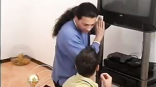 Two guys paid themselves with a hot blonde for fixing the TV set