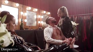 Two girls in latex dresses, Avery and Vanna, have an intense threesome sex session